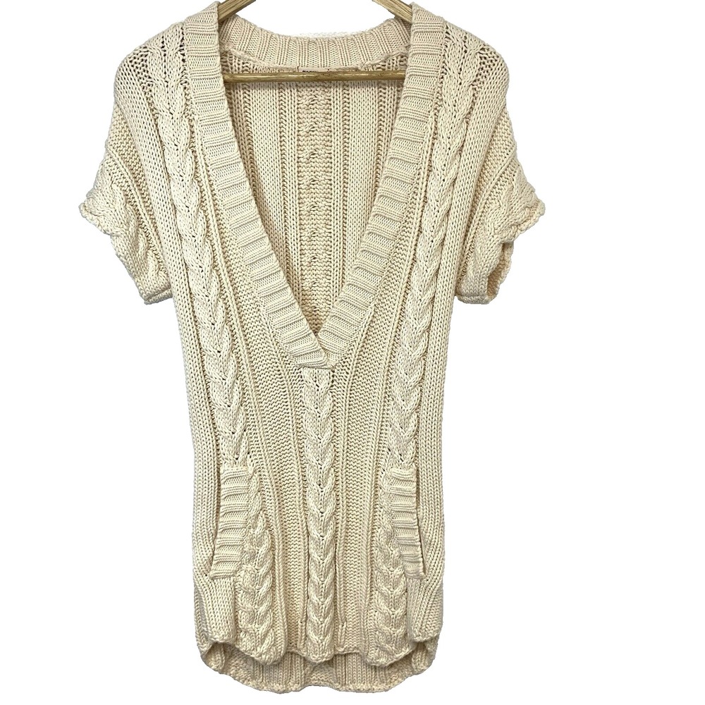 Old Navy Y2K S Cable Knit Sweater Woman Medium Deep V 100% Cotton NeutralPockets